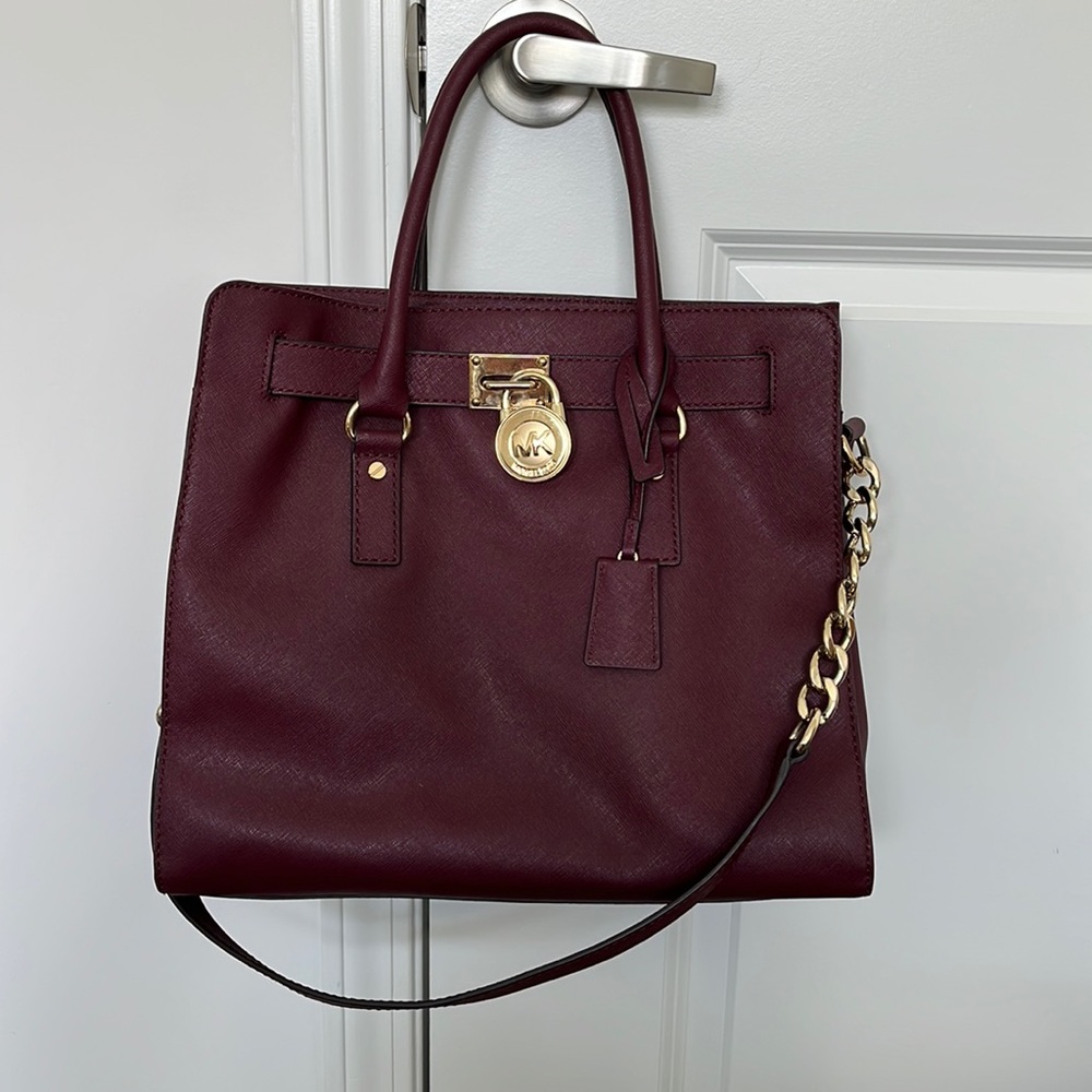 Michael Kors Hamilton Large Textured Leather Tote Burgandy